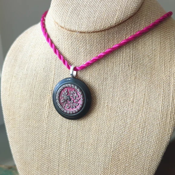 WHIMSY HOUSE I Upcycled Celluloid & Victorian Floral Metal Button Necklace - Picture 8 of 11